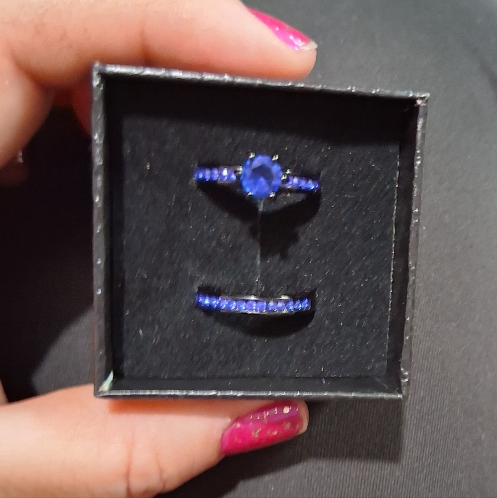 Elegant Blue Wedding Ring Set Size 6